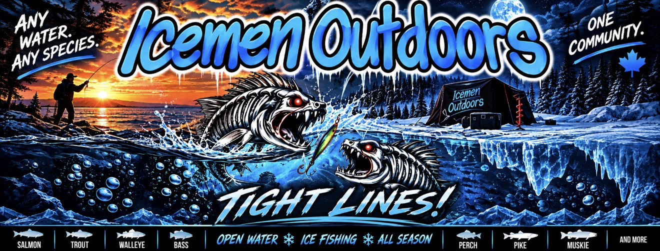 Icemen Outdoors artwork with open water fishing at sunset on one side and ice fishing under a winter sky on the other